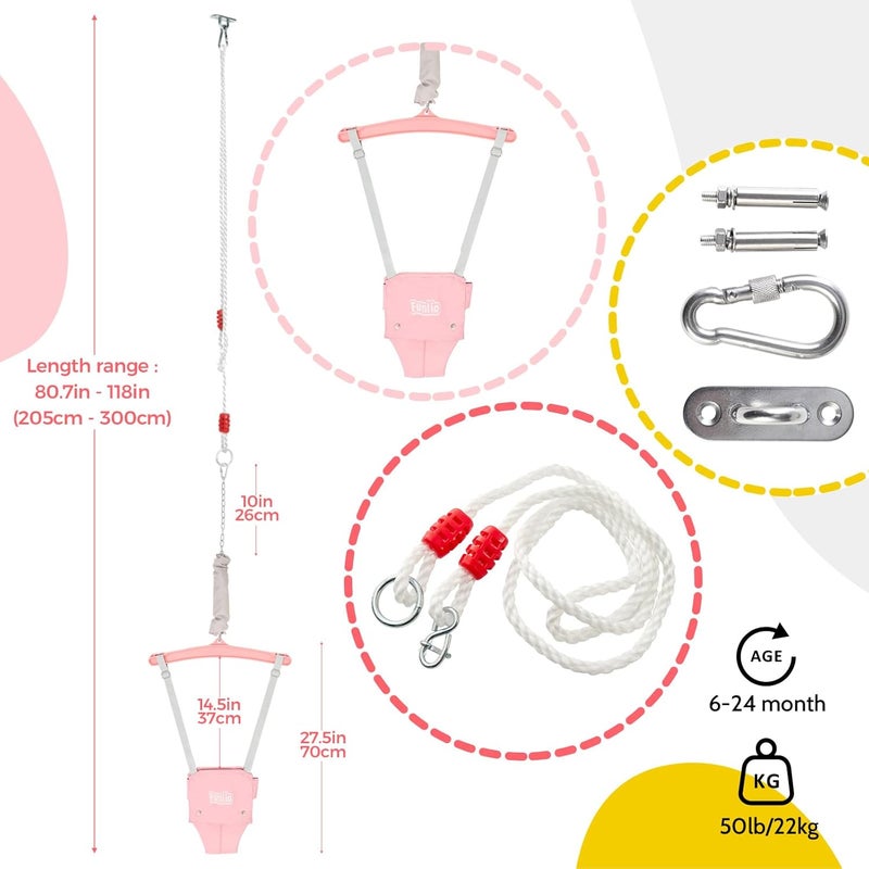 FUNLIO Baby Jumper with a Ceiling Hook for 6-24 Months, Baby Door Jumper for Indoor/Outdoor Play, Infant Jumper Doorway with Adjustable Chain, Easy to Assemble & Store (with a Ceiling Hook) - Pink - Image 5